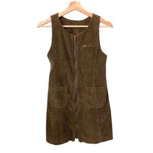 Vintage Badge Green Corduroy Front Zip Mini Dress in Size Junior /Teen Size 12
